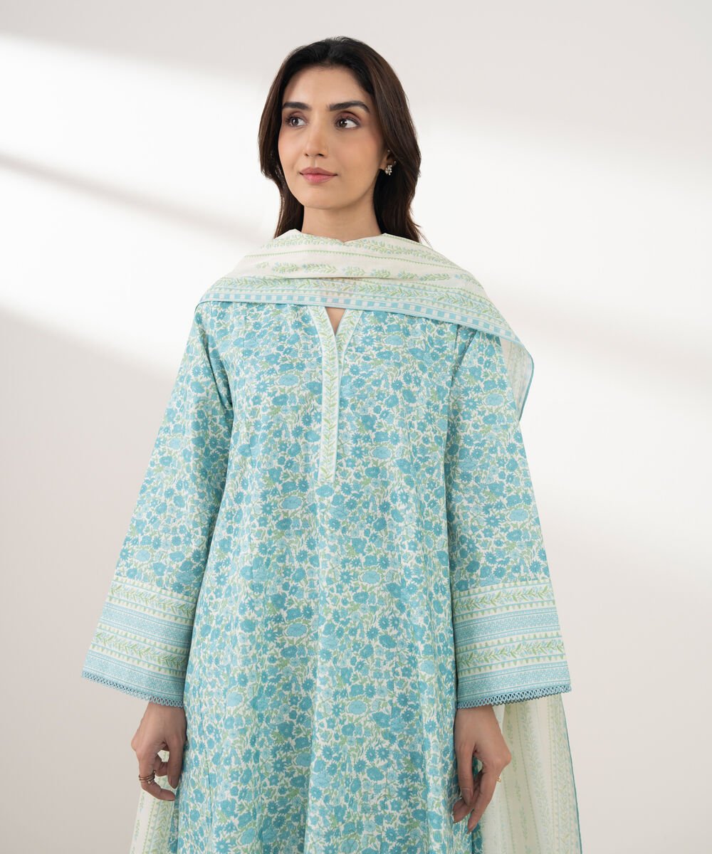 Women's Unstitched Cotton Printed Blue 3 Piece Suit