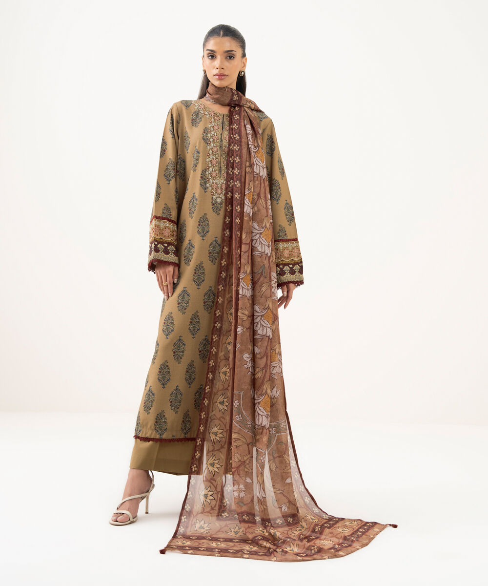 Women's RTW Cotton Viscose Embroidered Straight Brown Shirt