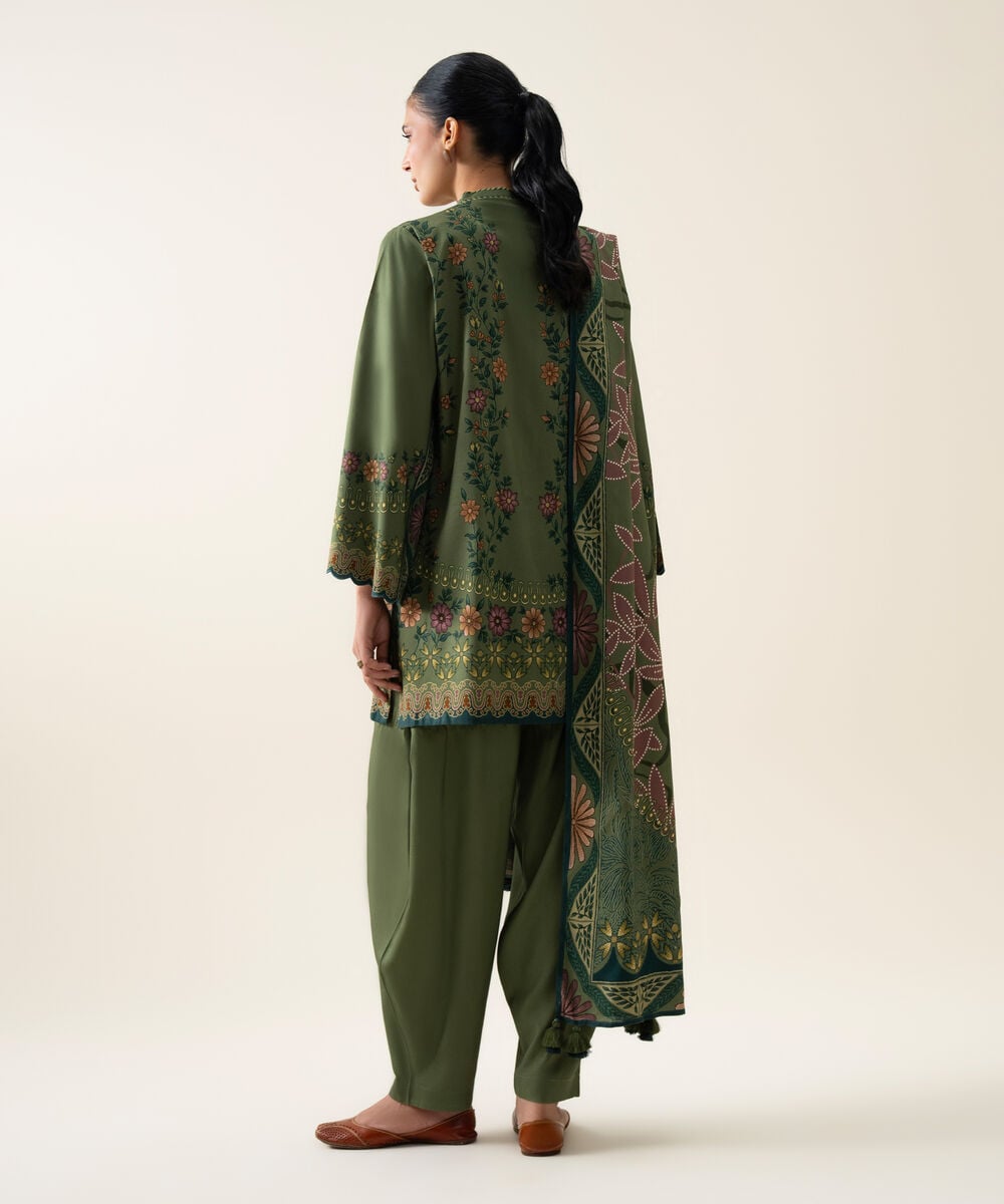 Womens Unstitched Viscose Linen Printed Green 3 Piece Suit