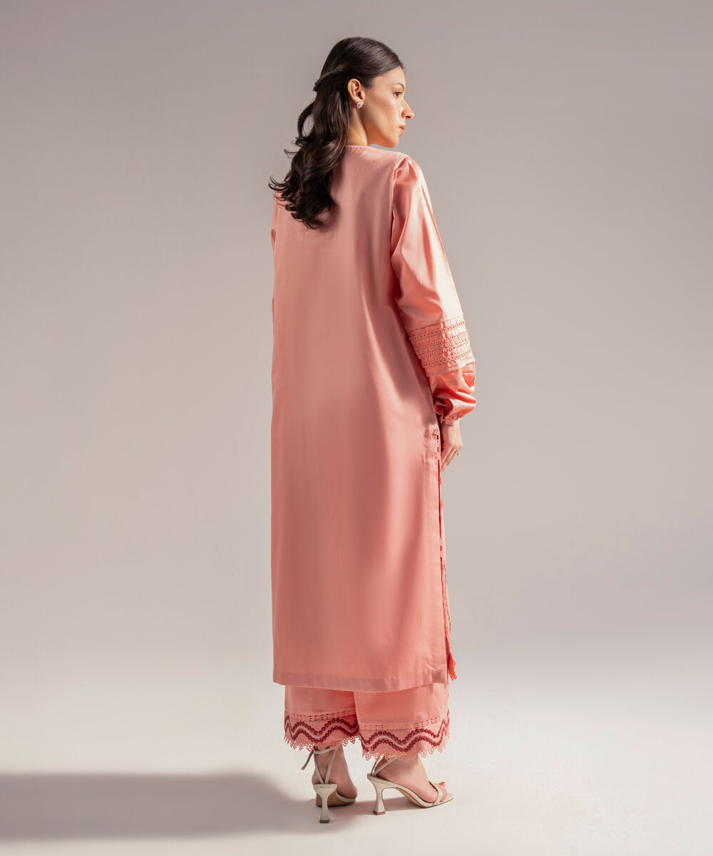 Women's RTW Cotton Satin Embroidered Peach 2 Piece Suit