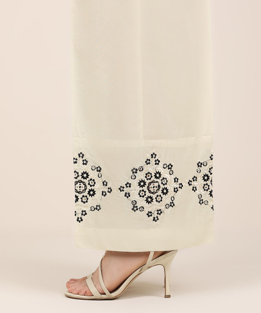 Women's RTW Cambric Off White Embroidered Flared Pants