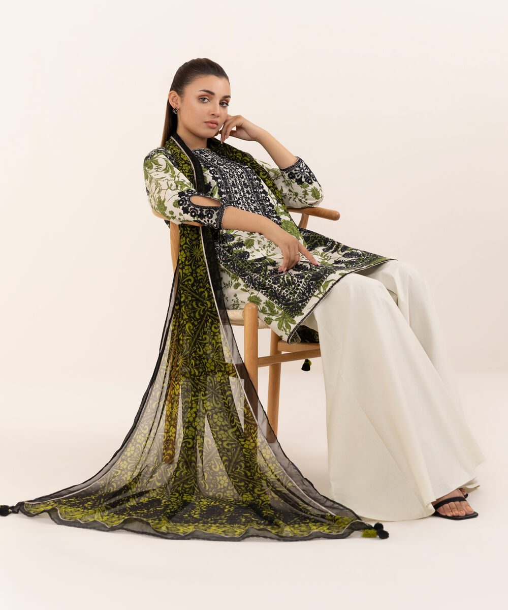 Women's Unstitched Cotton Embroidered Multi Three Piece Suit