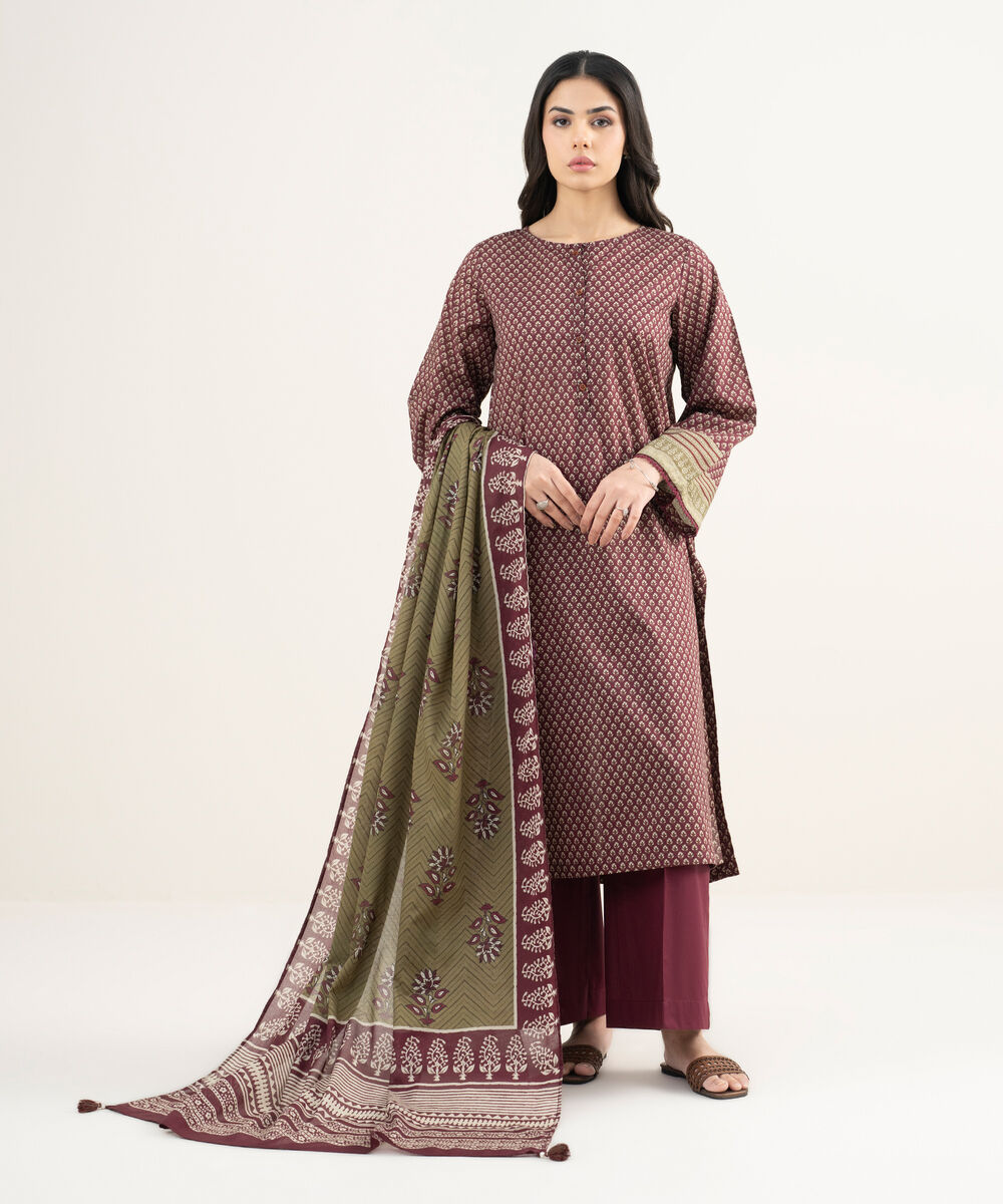 Women's RTW Lawn Printed Maroon 3 Piece Suit
