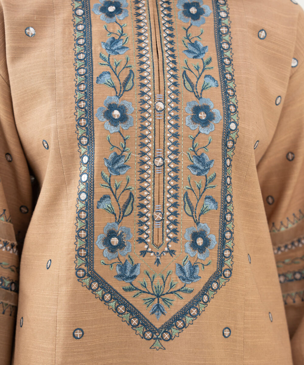 Women's Unstitched Embroidered Khaddar Beige 3 Piece Suit