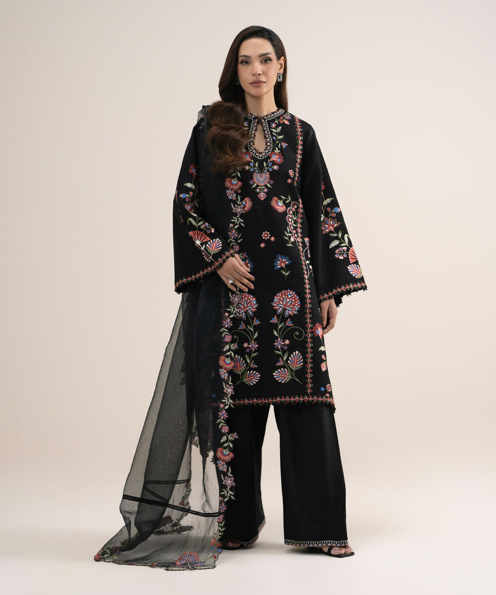 Women's Unstitched Embroidered Viscose Raw Silk Black 3 Piece Suit