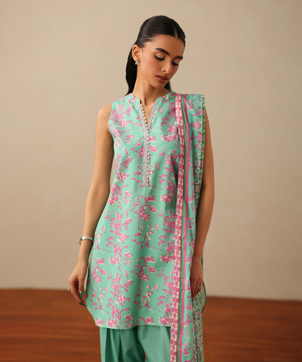 Women's Unstitched Lawn Printed Blue 3 Piece Suit