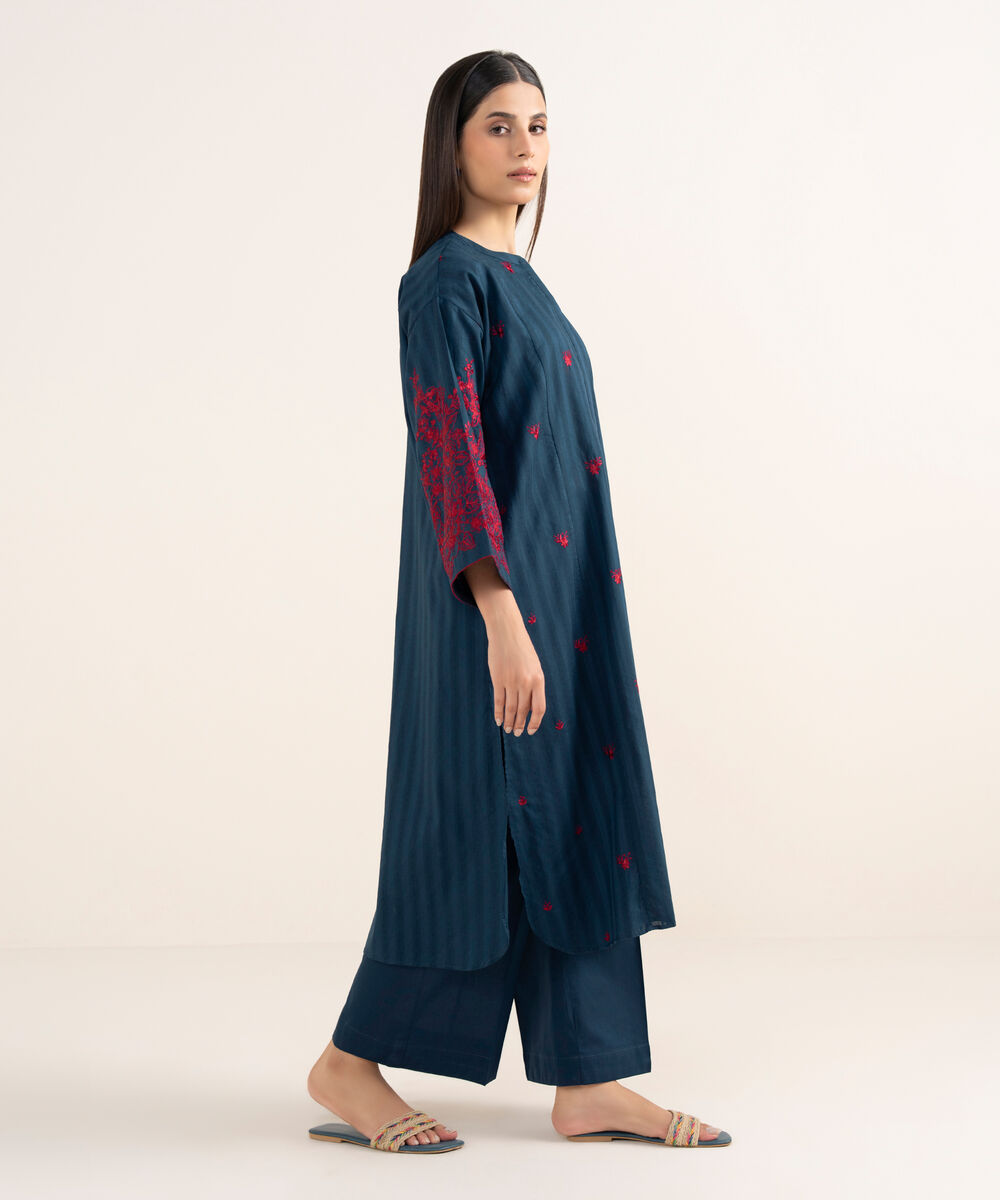 Women's RTW Textured Lawn Blue Embroidered A-Line Shirt