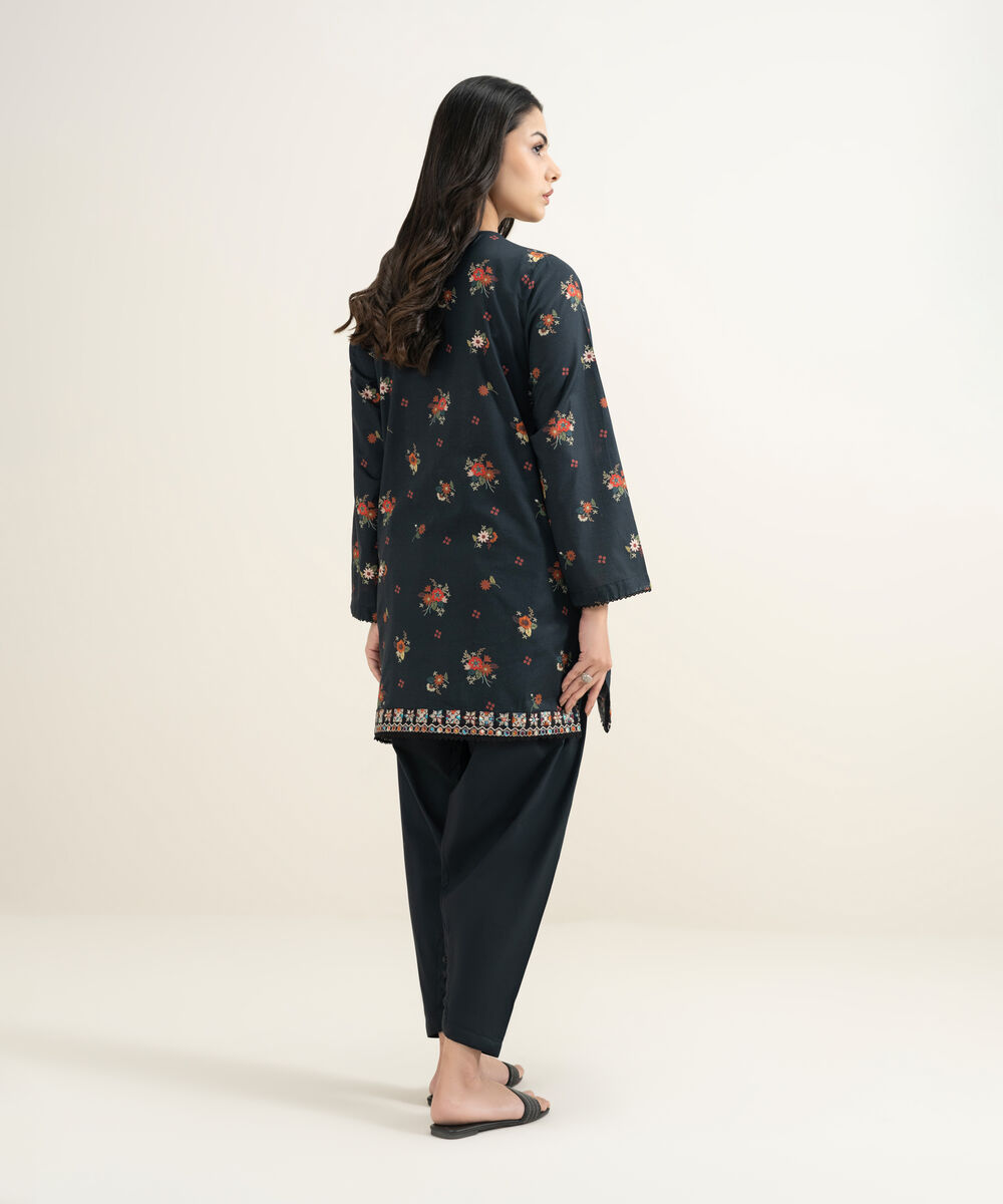 Women's RTW Slub Lawn Embroidered Black Straight Shirt