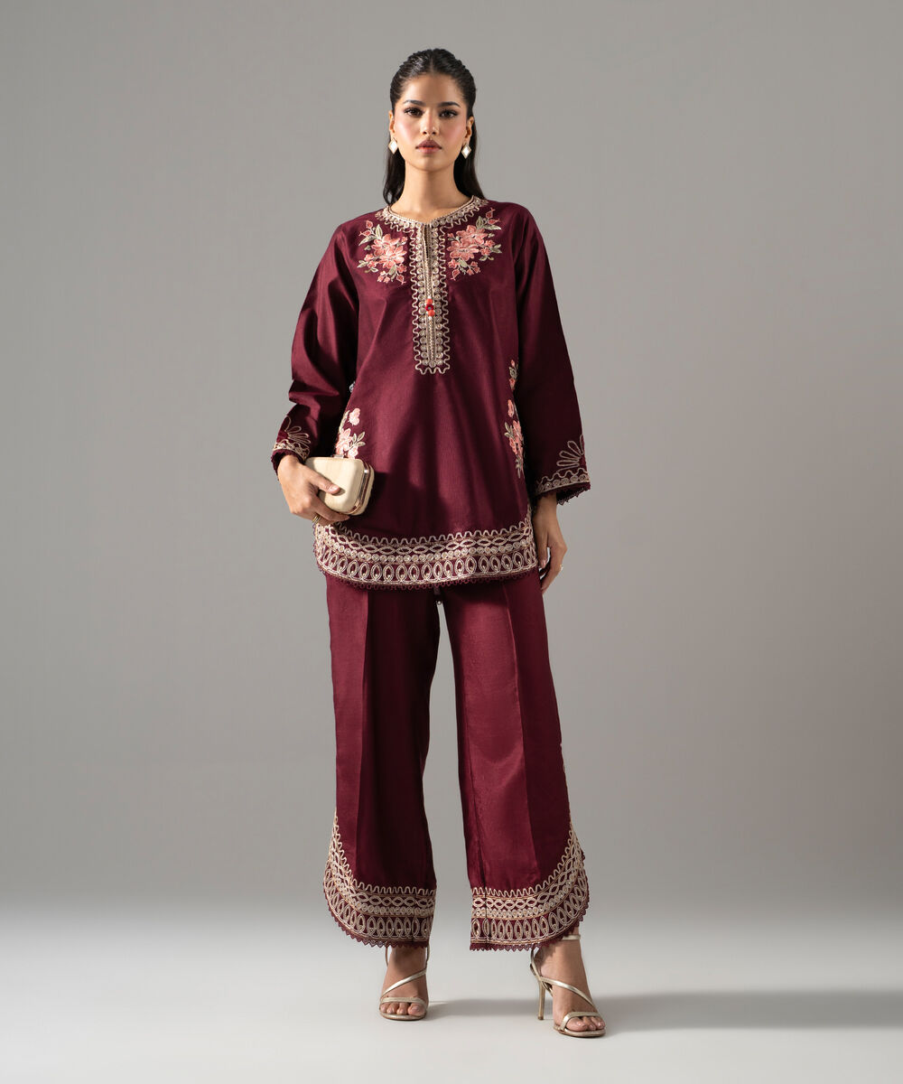 Women's RTW Cotton Net Solid Embroidered Maroon 2 Piece Suit