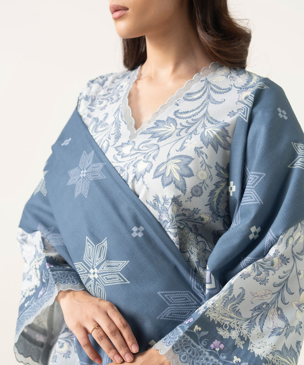 Women's Unstitched Lawn Printed Blue 3 Piece Suit