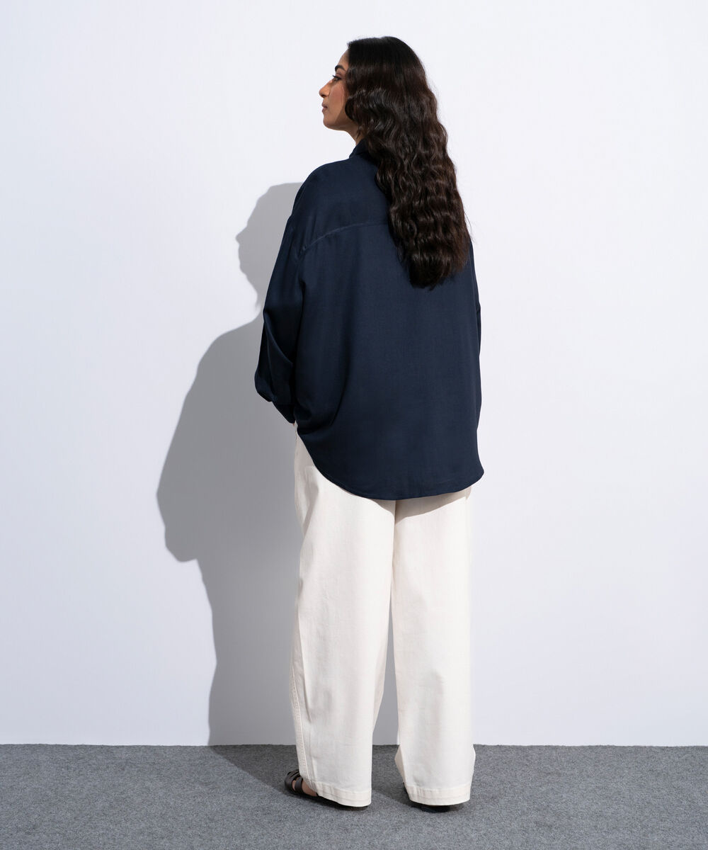 Women's Navy Linen Blend Button Through  Shirt