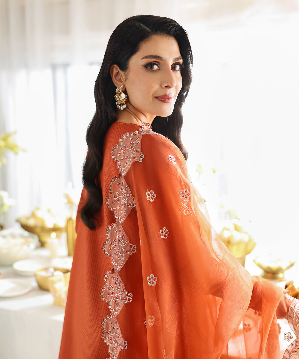 Women's Unstitched Dobby Embroidered Orange 3 Piece Suit
