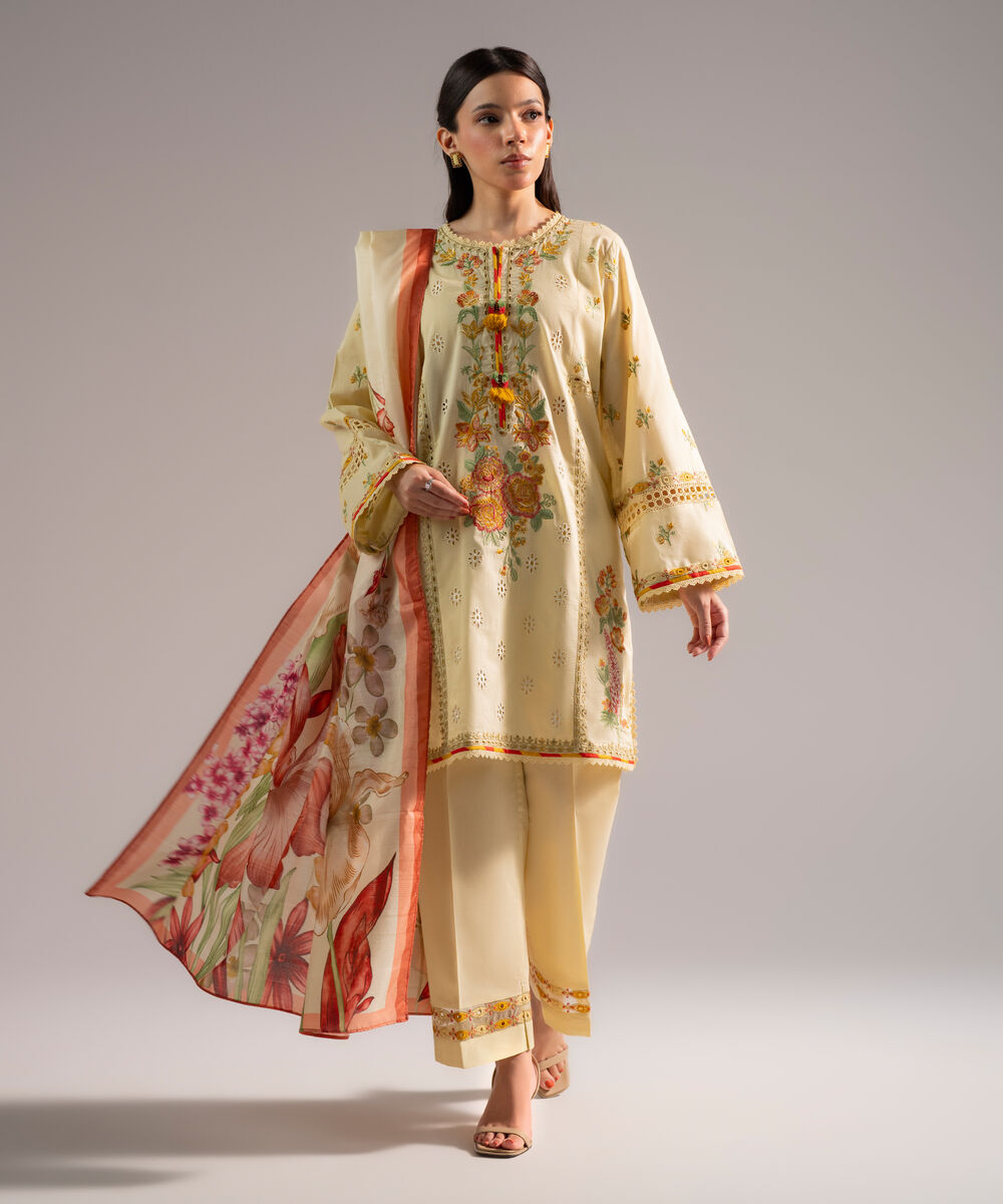 Women's RTW Slub Lawn Embroidered Pale Yellow 3 Piece Suit