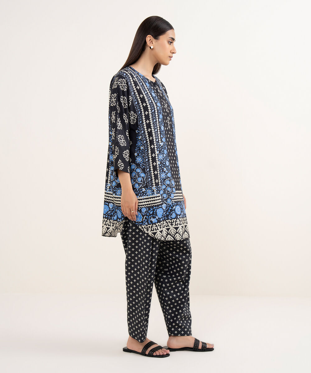 Women's RTW Arabic Lawn Black Printed Drop Shoulder Shirt
