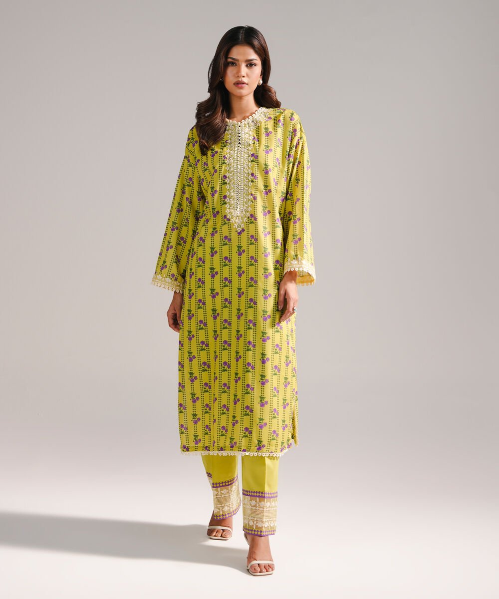 Women's RTW Slub Lawn Embroidered Green Straight Shirt