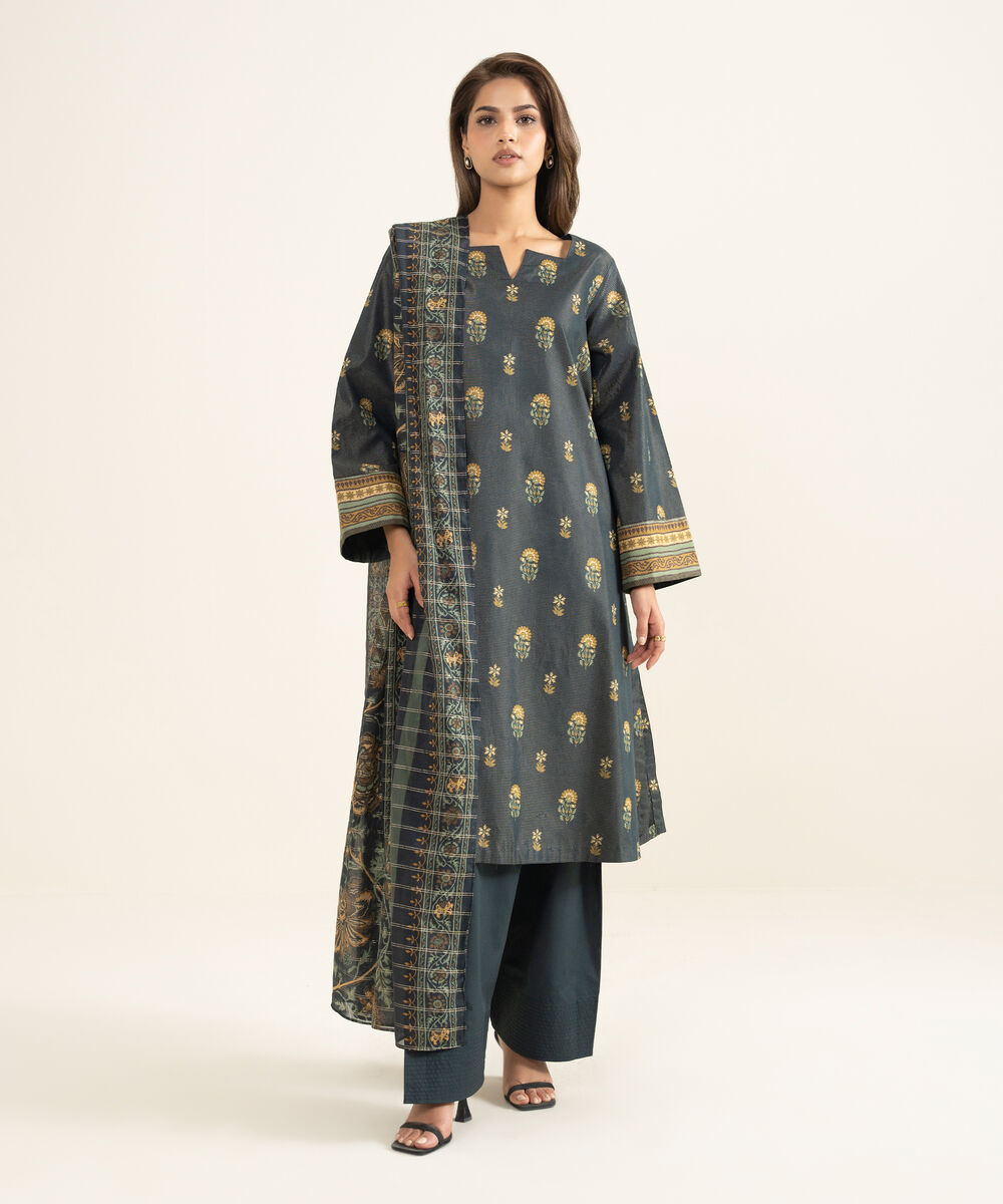 Women's Unstitched Zari Lawn Printed Black 3 Piece Suit
