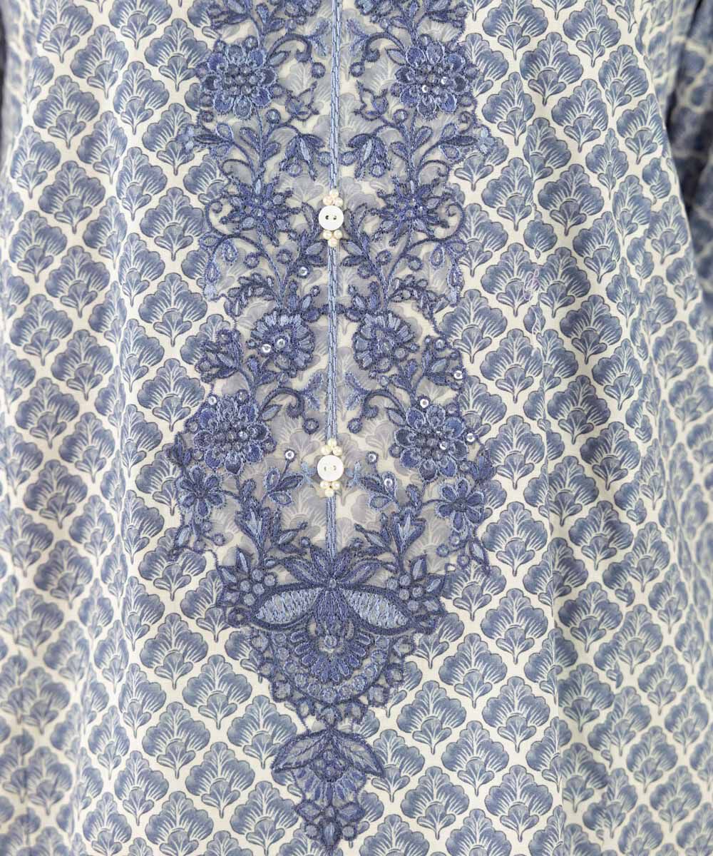 Women's RTW Textured Lawn Blue Embroidered A-Line Shirt