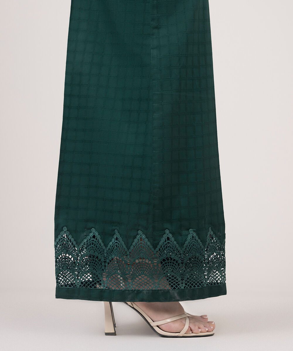 Women's RTW Textured Cotton Green Solid Flared Pants