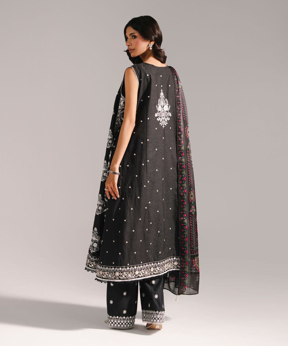 Women's RTW Fancy Cotton Embroidered Black 3 Piece Suit