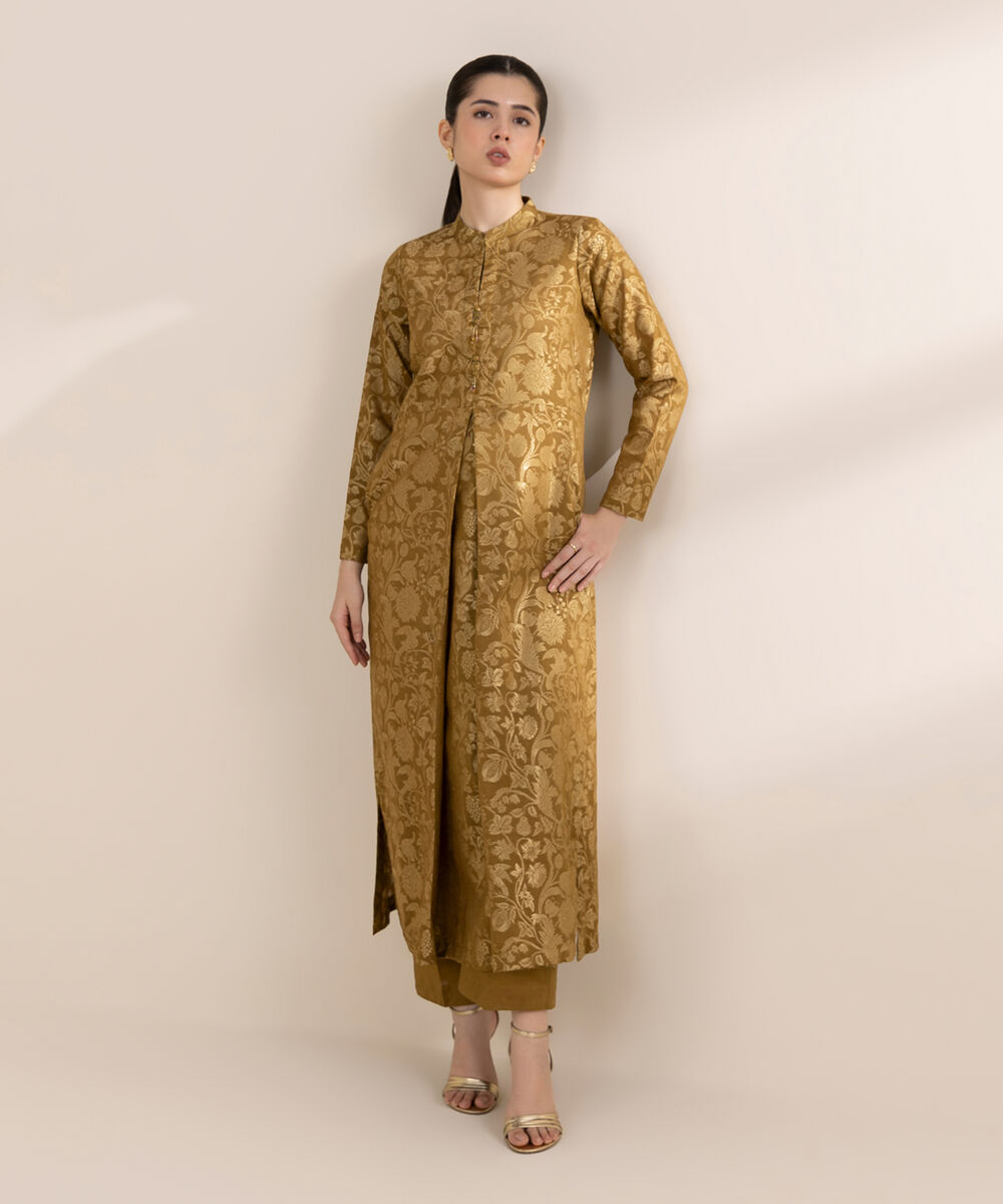 Women's RTW Extra Weft Jacquard Brown Solid Peshwas