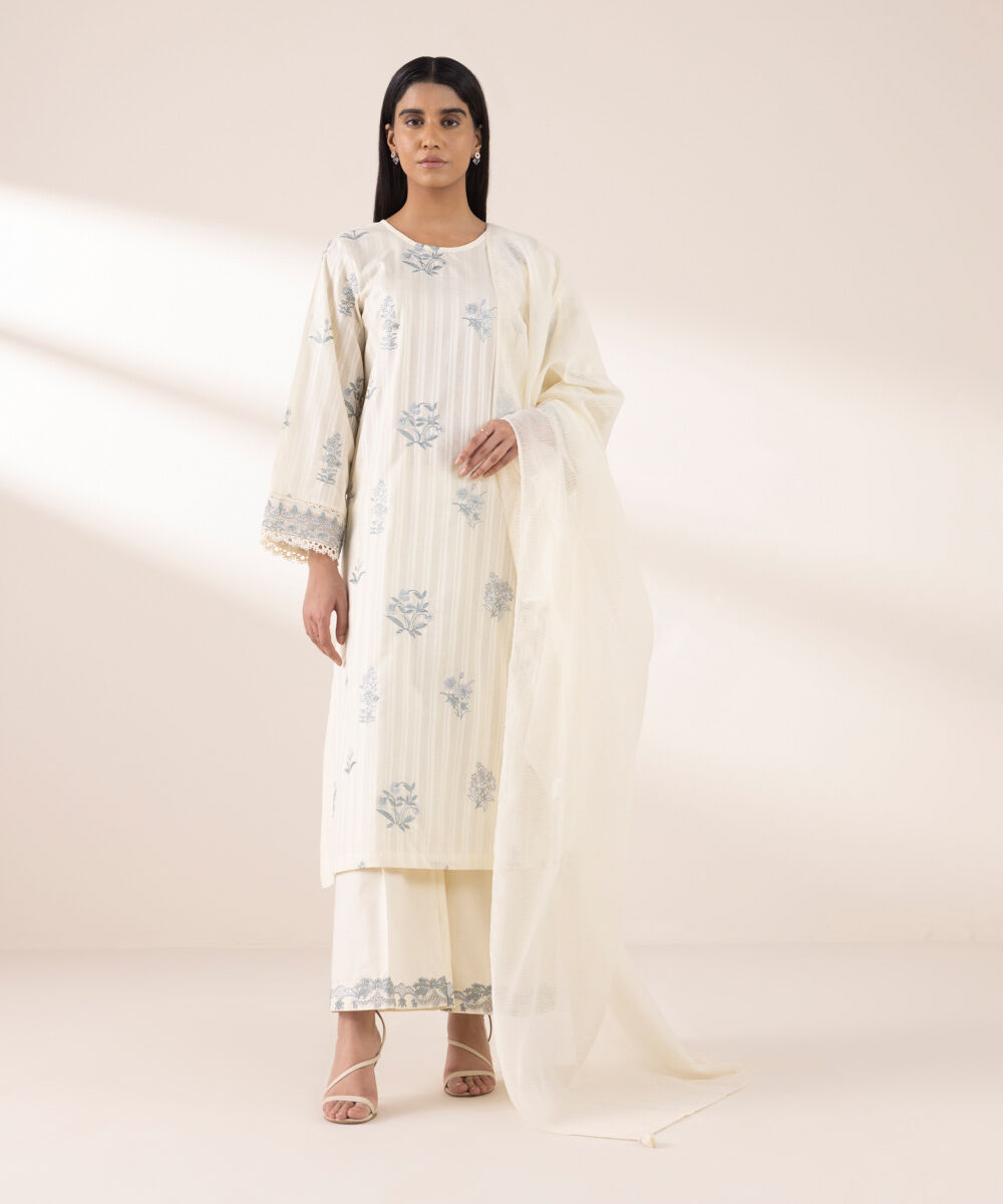 Women's RTW Dobby Beige Embroidered A-Line Shirt