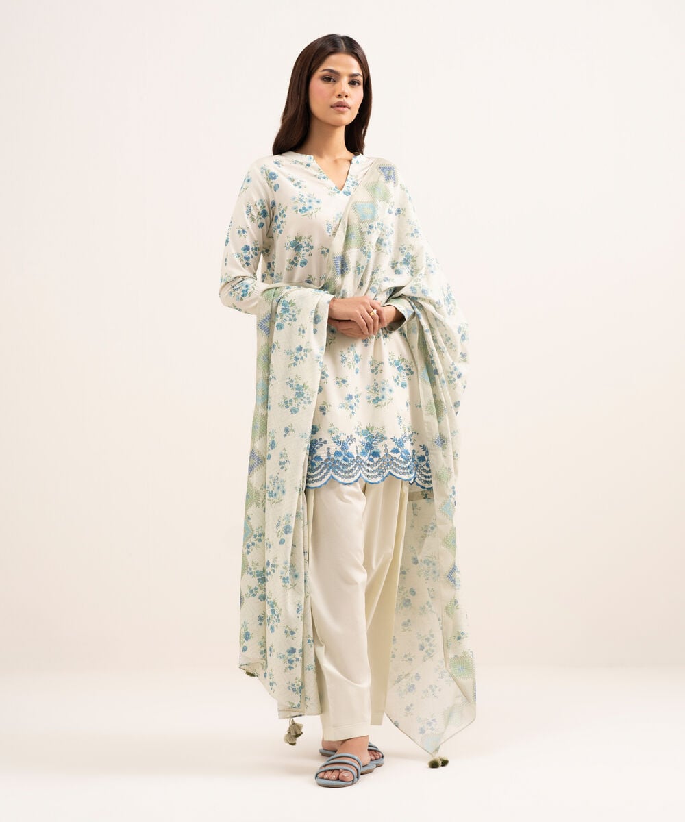 Women's Unstitched Lawn Embroidered Blue 3 Piece Suit