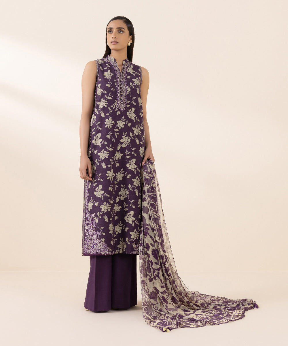 Women's Unstitched Light Khaddar Purple Embroidered 3 Piece Suit