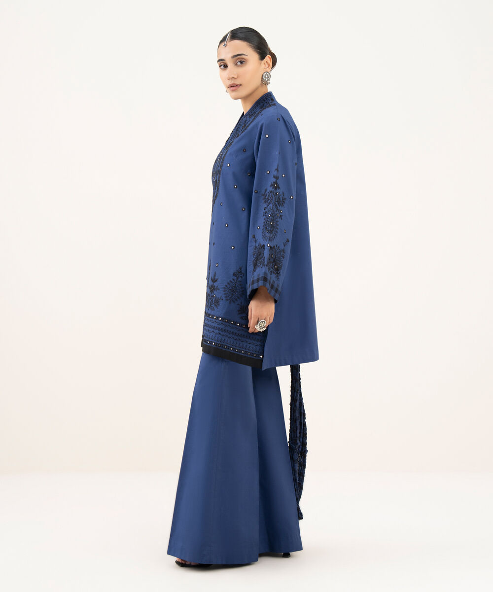 Women's Unstitched Cotton Embroidered Blue 3 Piece Suit