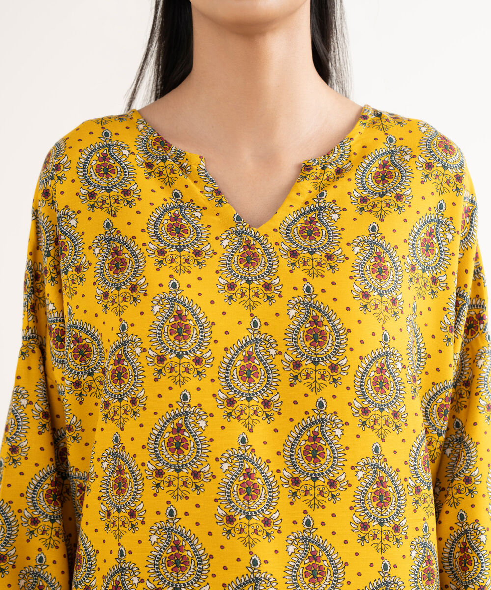 Women's RTW Textured Viscose Printed Drop Shoulder Yellow Shirt