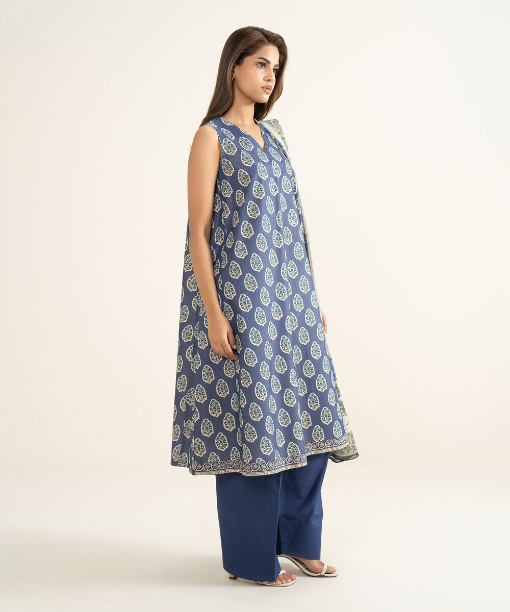 Women's Unstitched Zari Lawn Printed Blue 3 Piece Suit