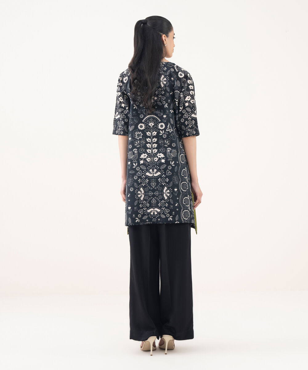 Women's RTW Cotton Viscose Black Printed Drop Shoulder Shirt