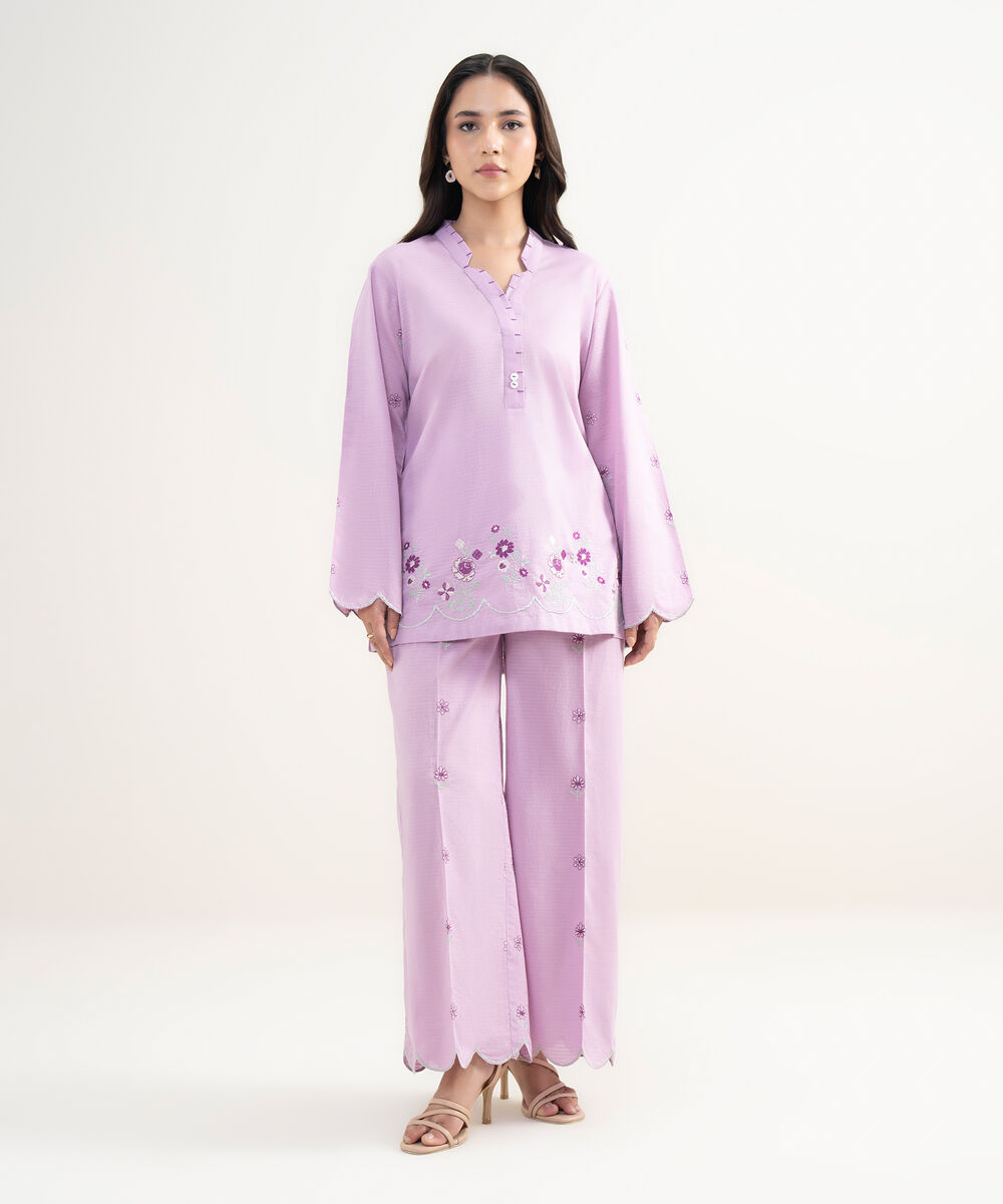 Women's RTW Dobby Embroidered Purple Straight Shirt