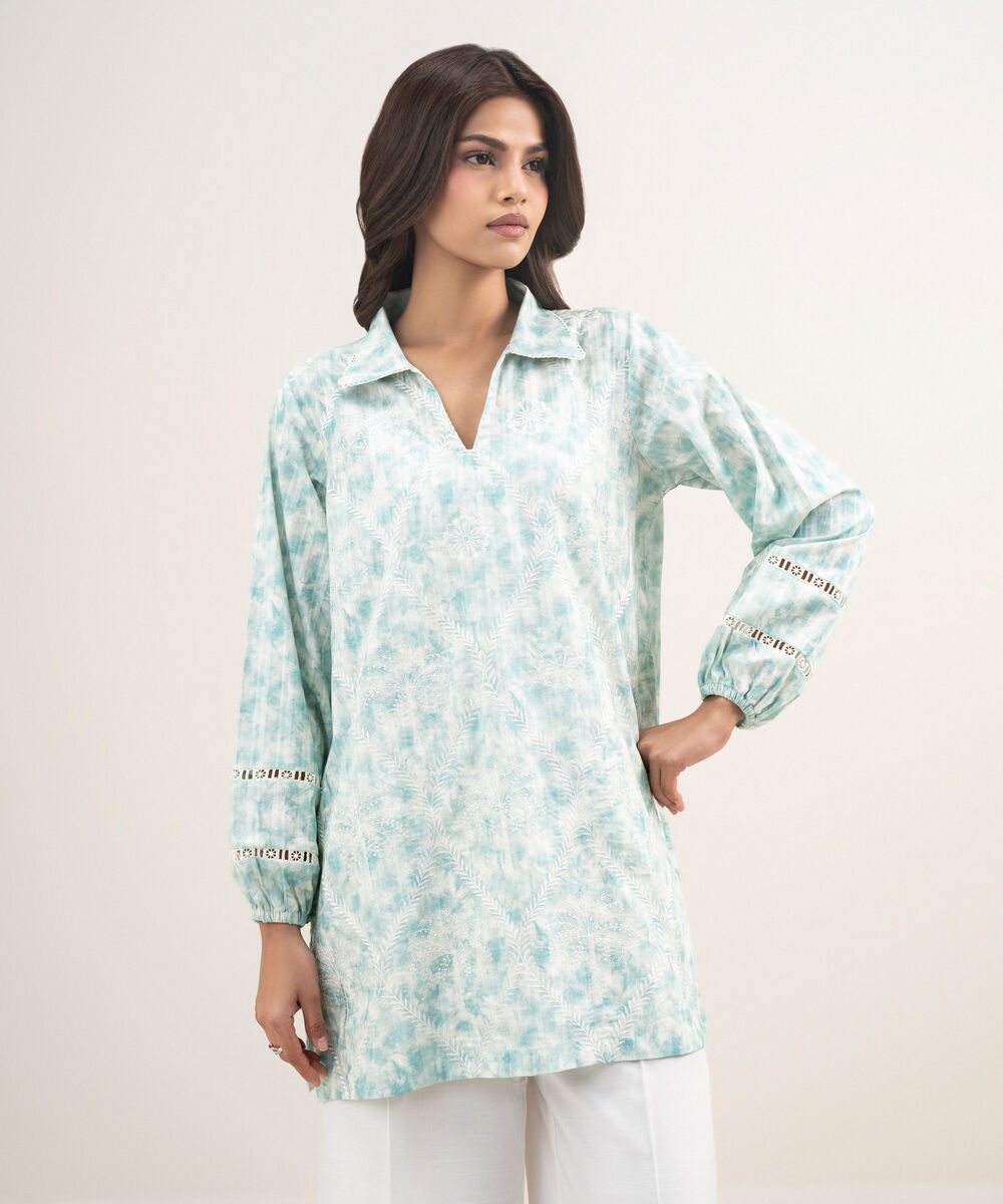 Women's RTW Leno Kara Embroidered Blue Straight Shirt