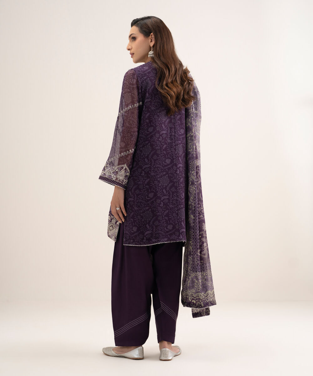 Women's Unstitched Blended Chiffon Embroidered Purple 3 Piece Suit