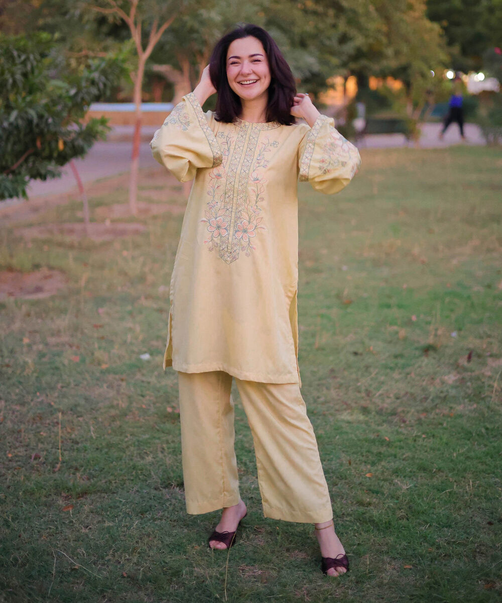 Women's RTW Self Jacquard Leno Embroidered Pale Yellow Straight Shirt