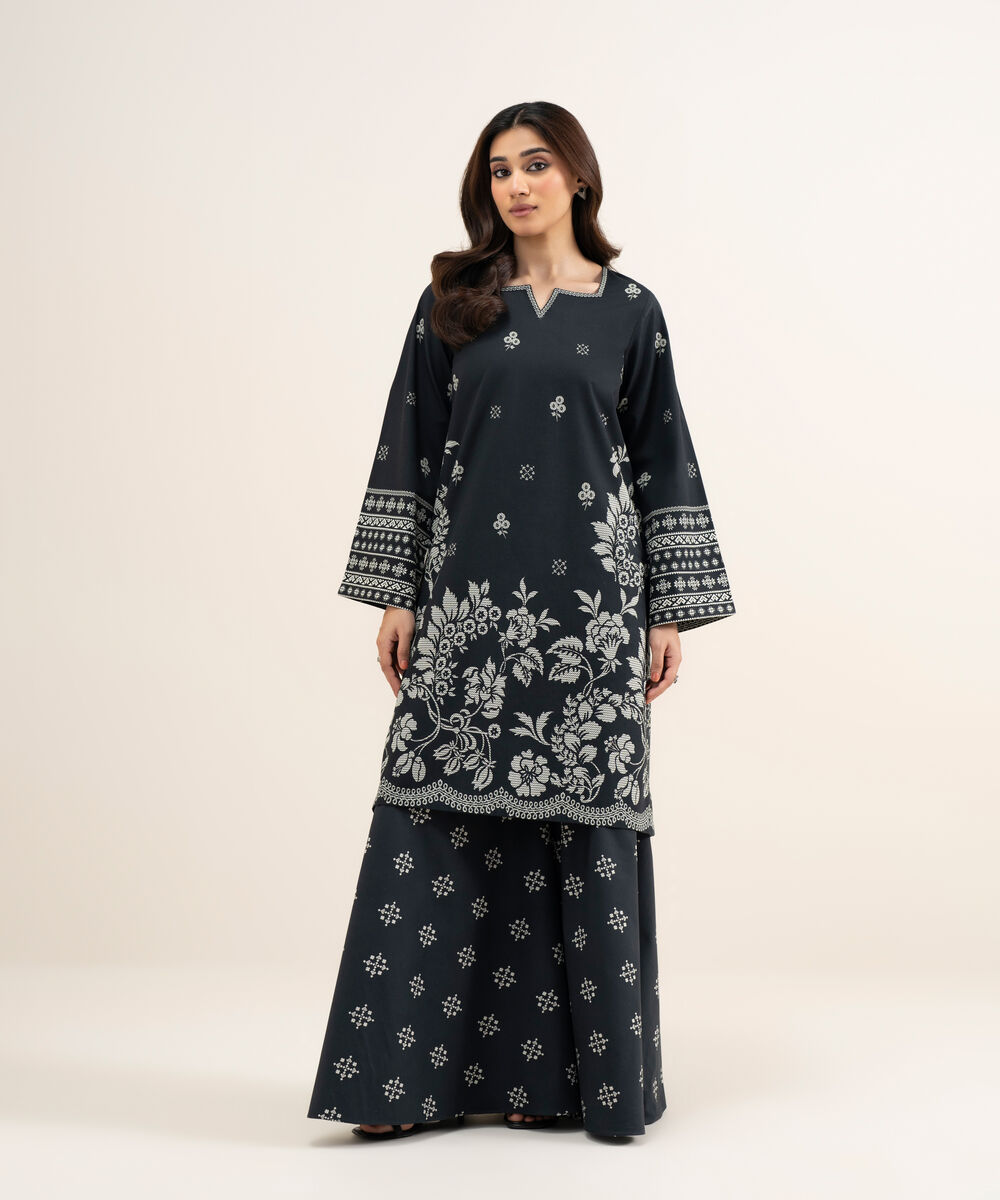 Women's Unstitched Lawn Printed Black and Off White 2 Piece Suit