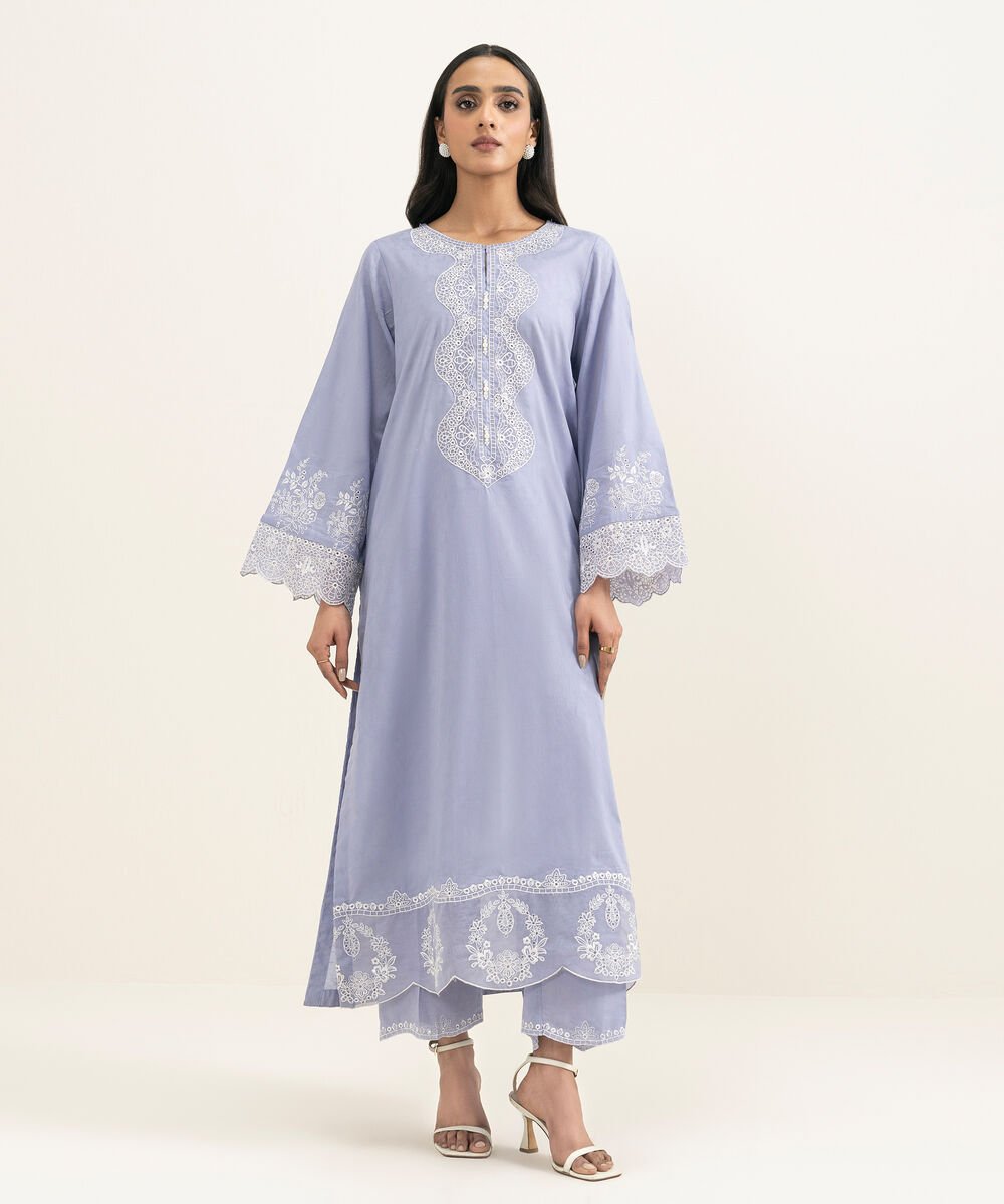 Women's RTW Self Jacquard Embroidered Purple A-Line Shirt