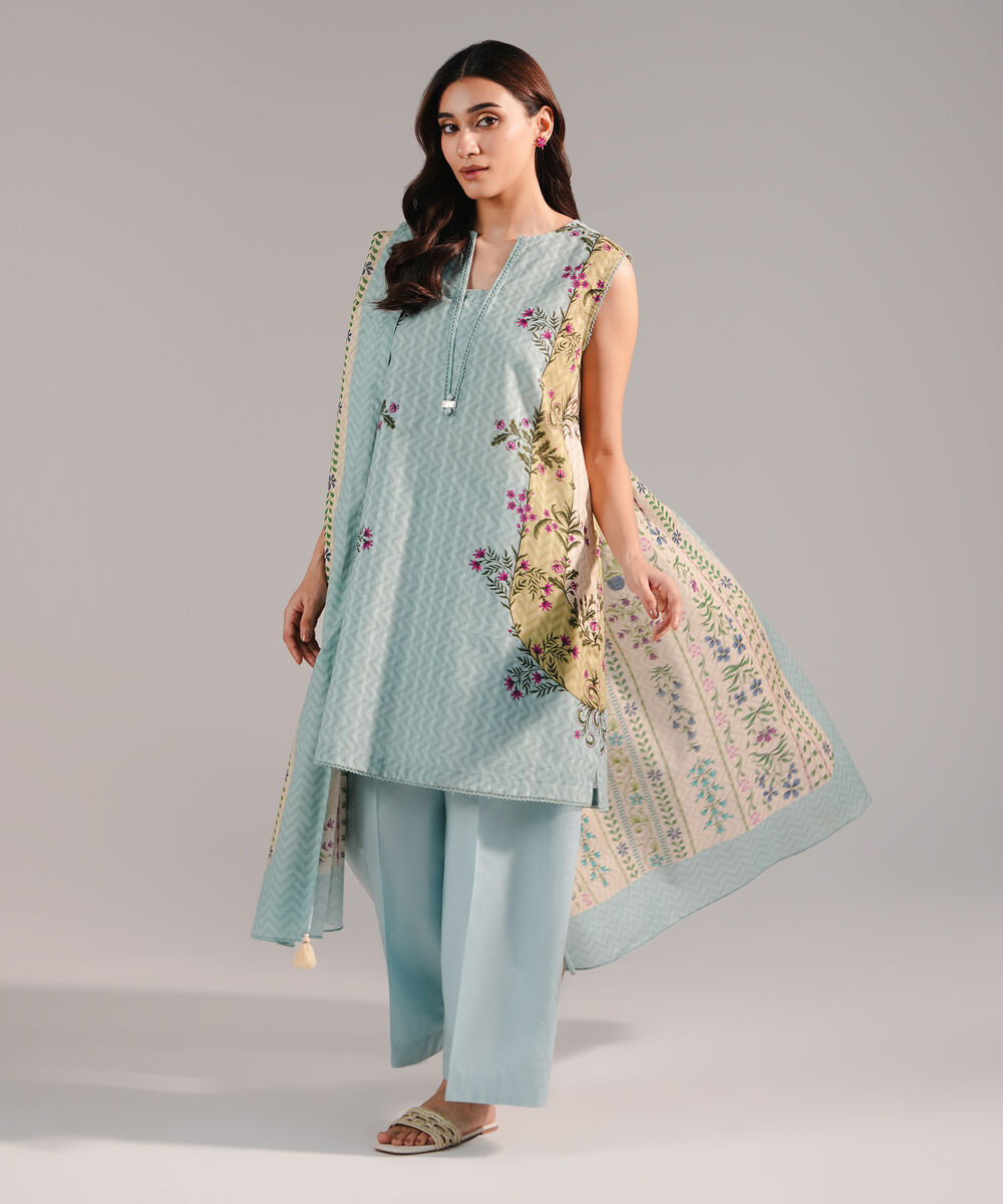 Women's RTW Dobby Printed Blue 3 Piece Suit