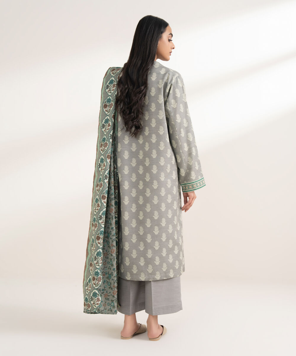 Women's RTW Khaddar Printed Grey 3 Piece Suit