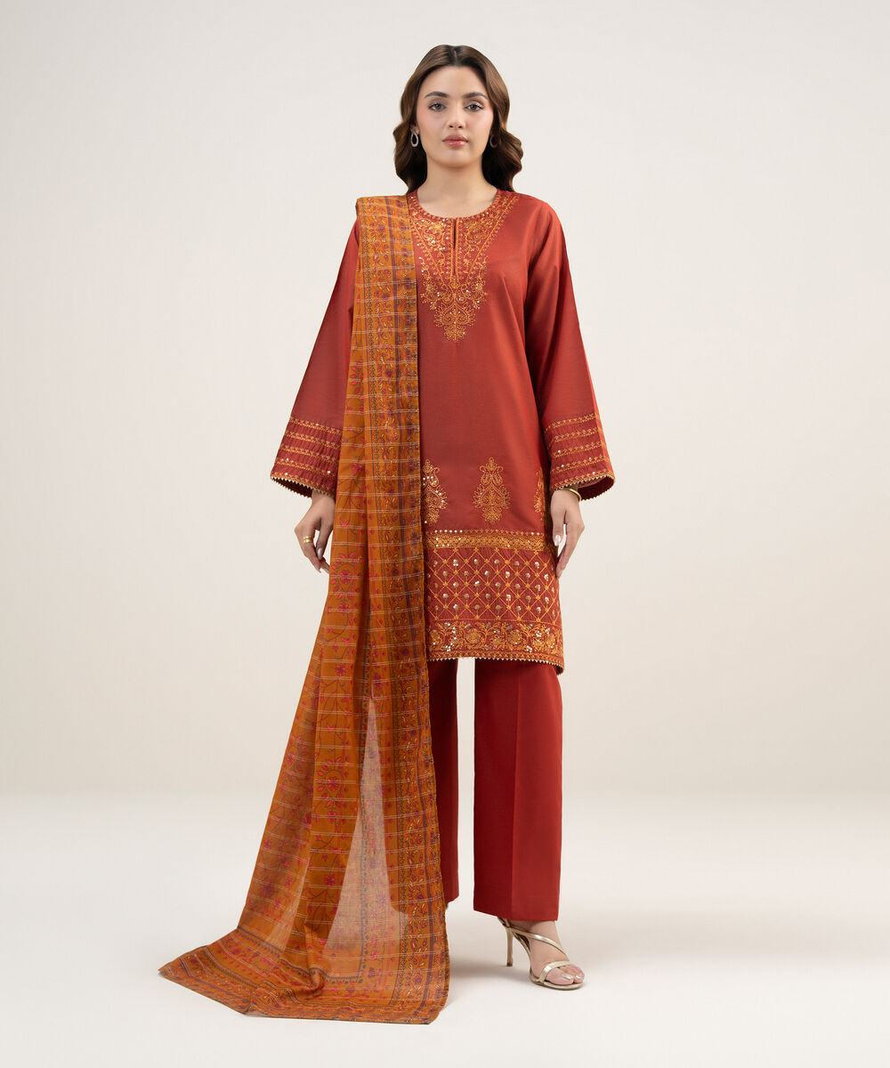 Zari Lawn Printed Rust Dupatta