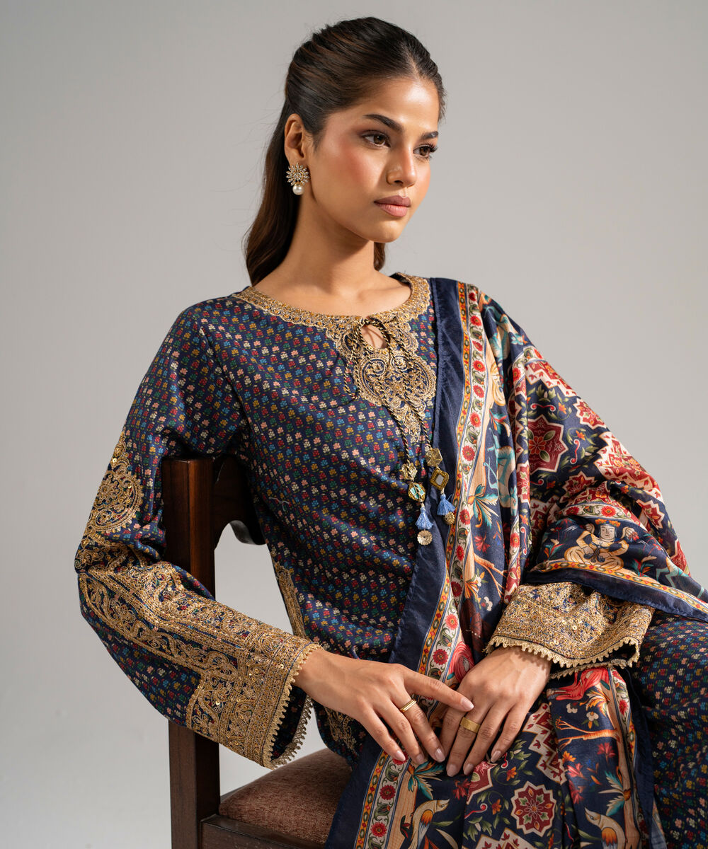 Women's RTW Dobby Embroidered Blue 3 Piece Suit