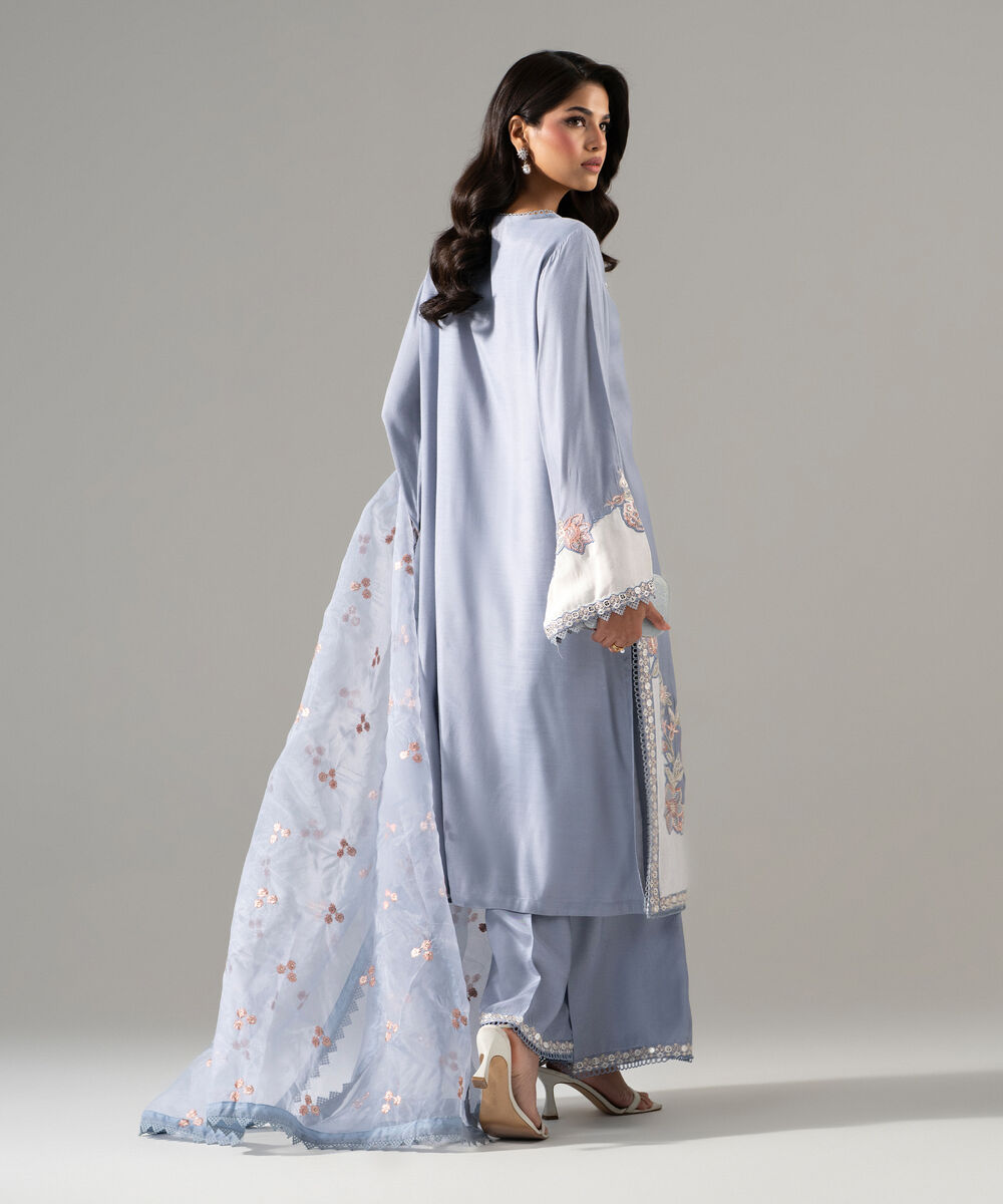 Women's RTW Raw Silk Solid Embroidered Blue 3 Piece Suit