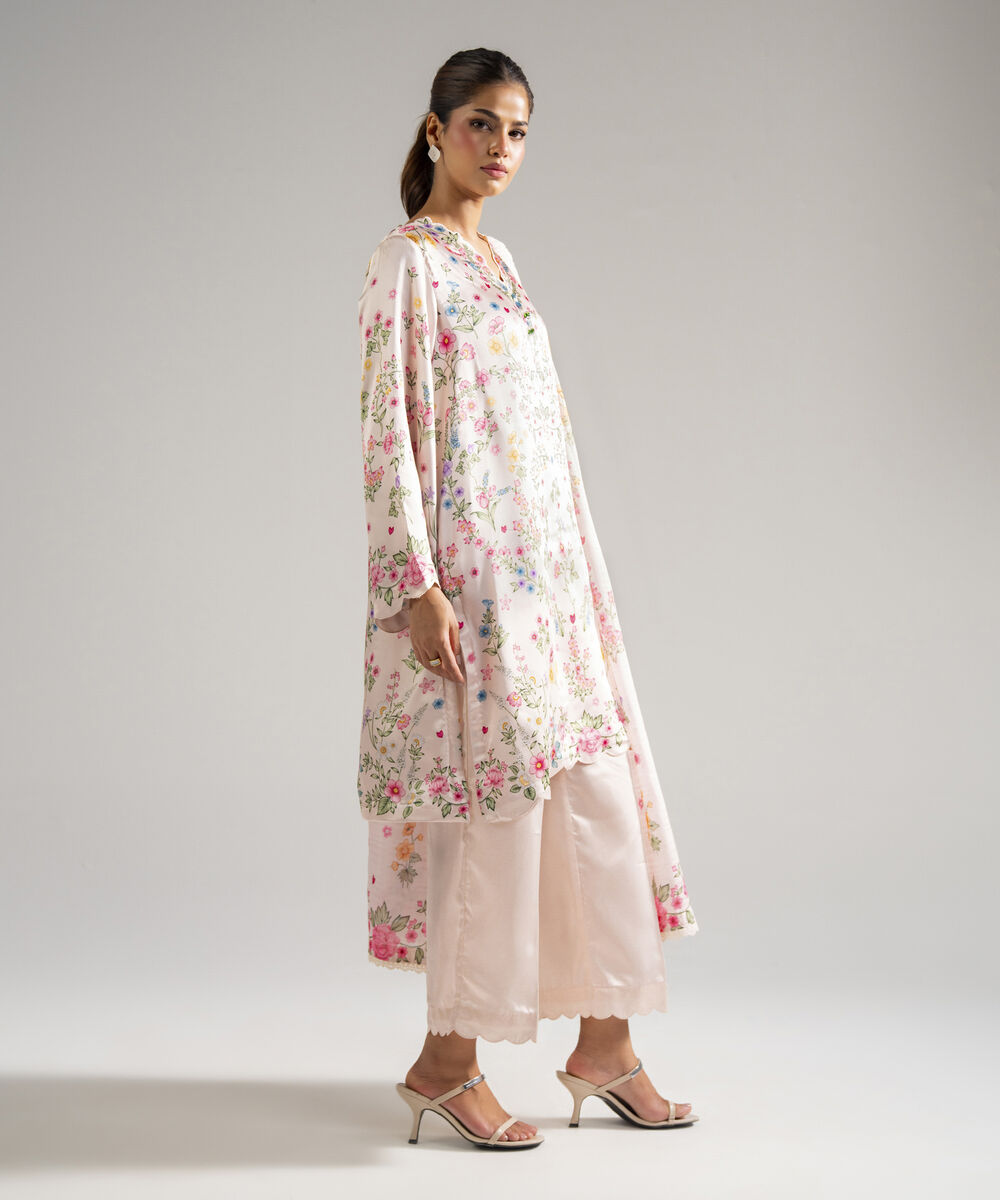 Women's RTW Blended Satin Printed Pink 3 Piece Suit