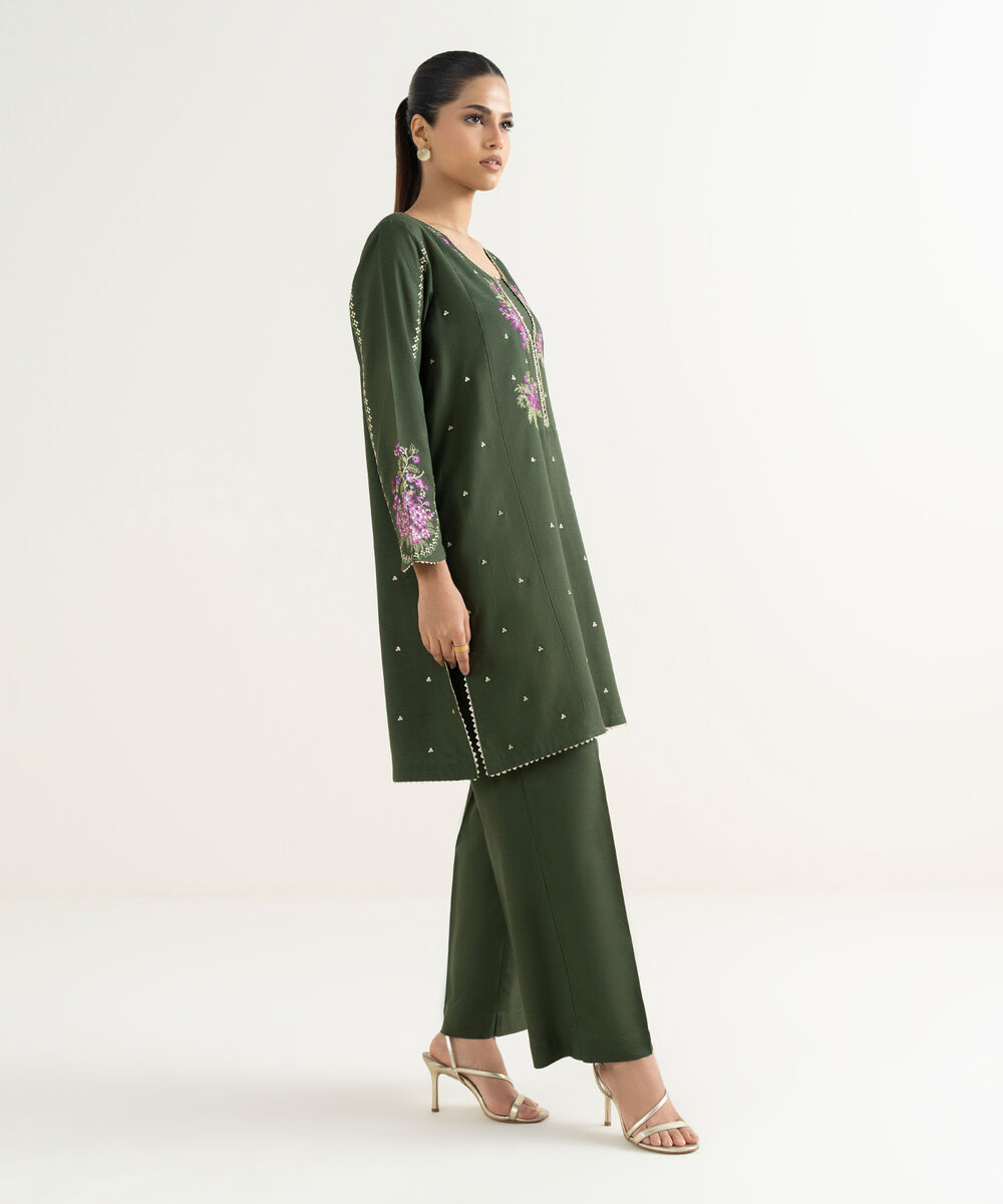 Women's RTW Cotton Viscose Green Embroidered A-Line Shirt
