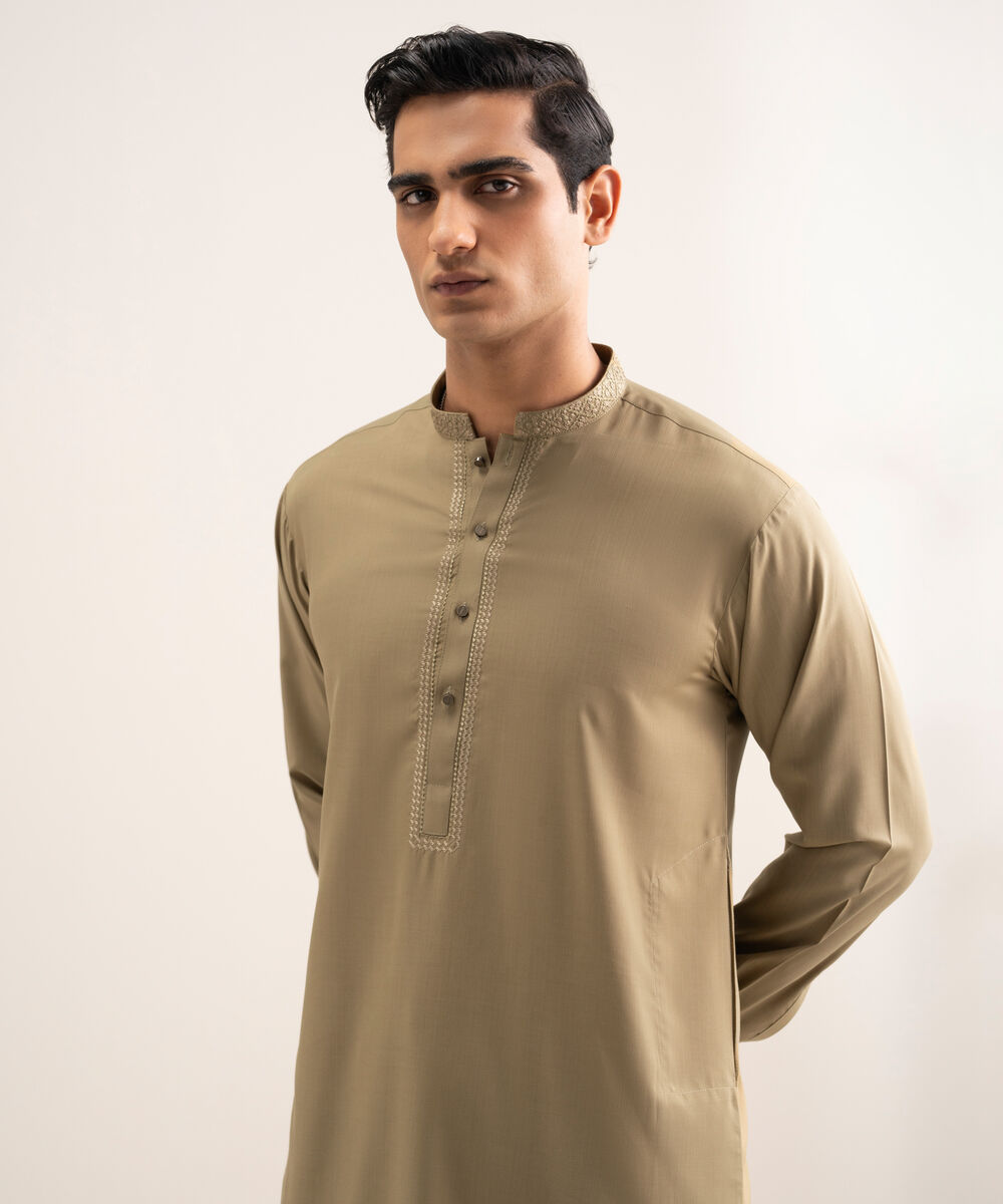 Men'S Stitched Olive Premium Wash And  Wear Suit