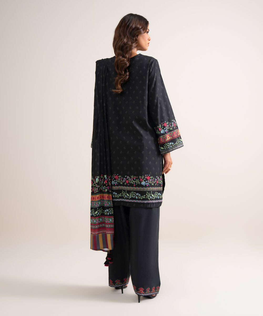 Women's Unstitched Embroidered Linen Black 3 Piece Suit