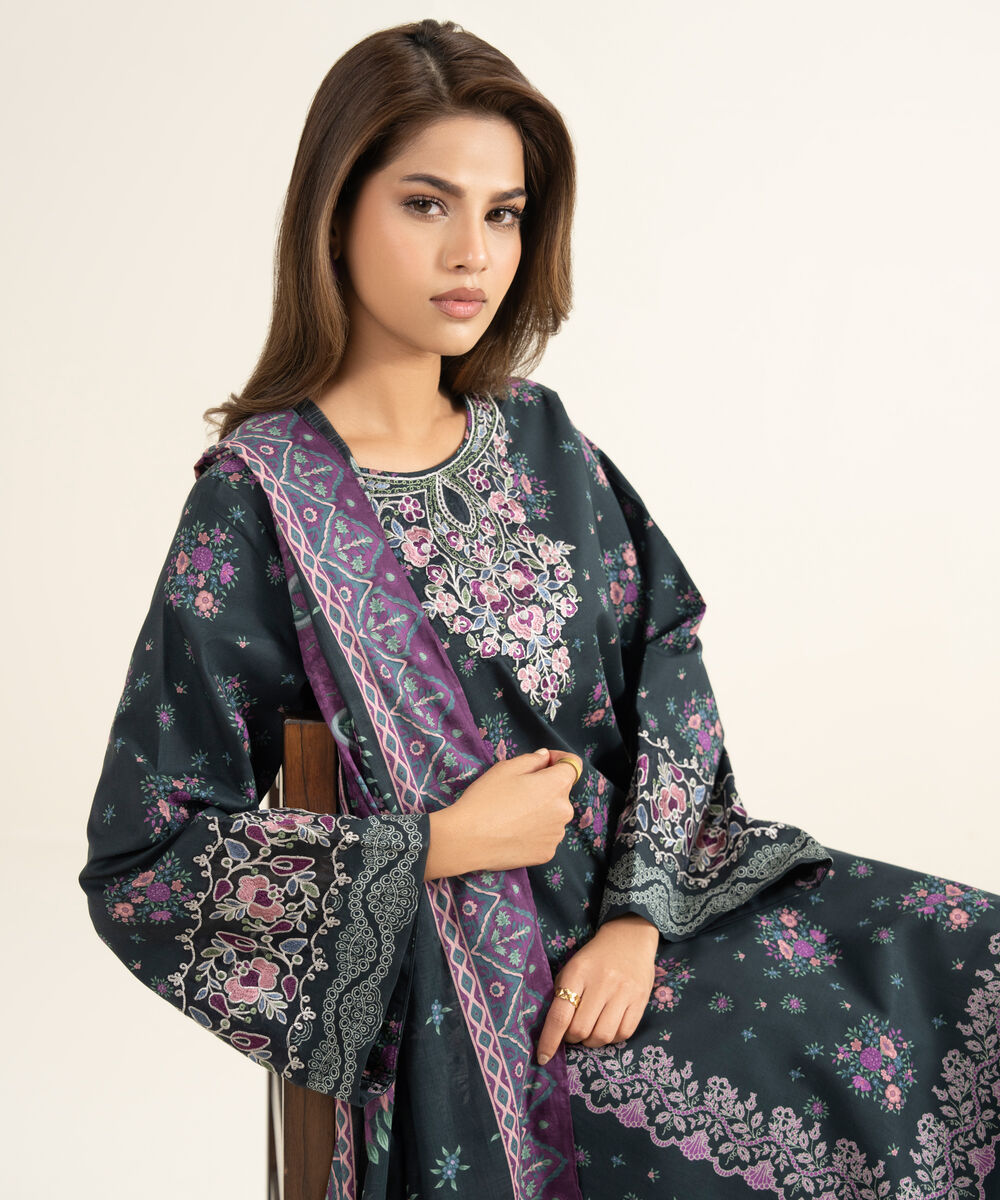 Women's Unstitched Lawn Embroidered Black 3 Piece Suit