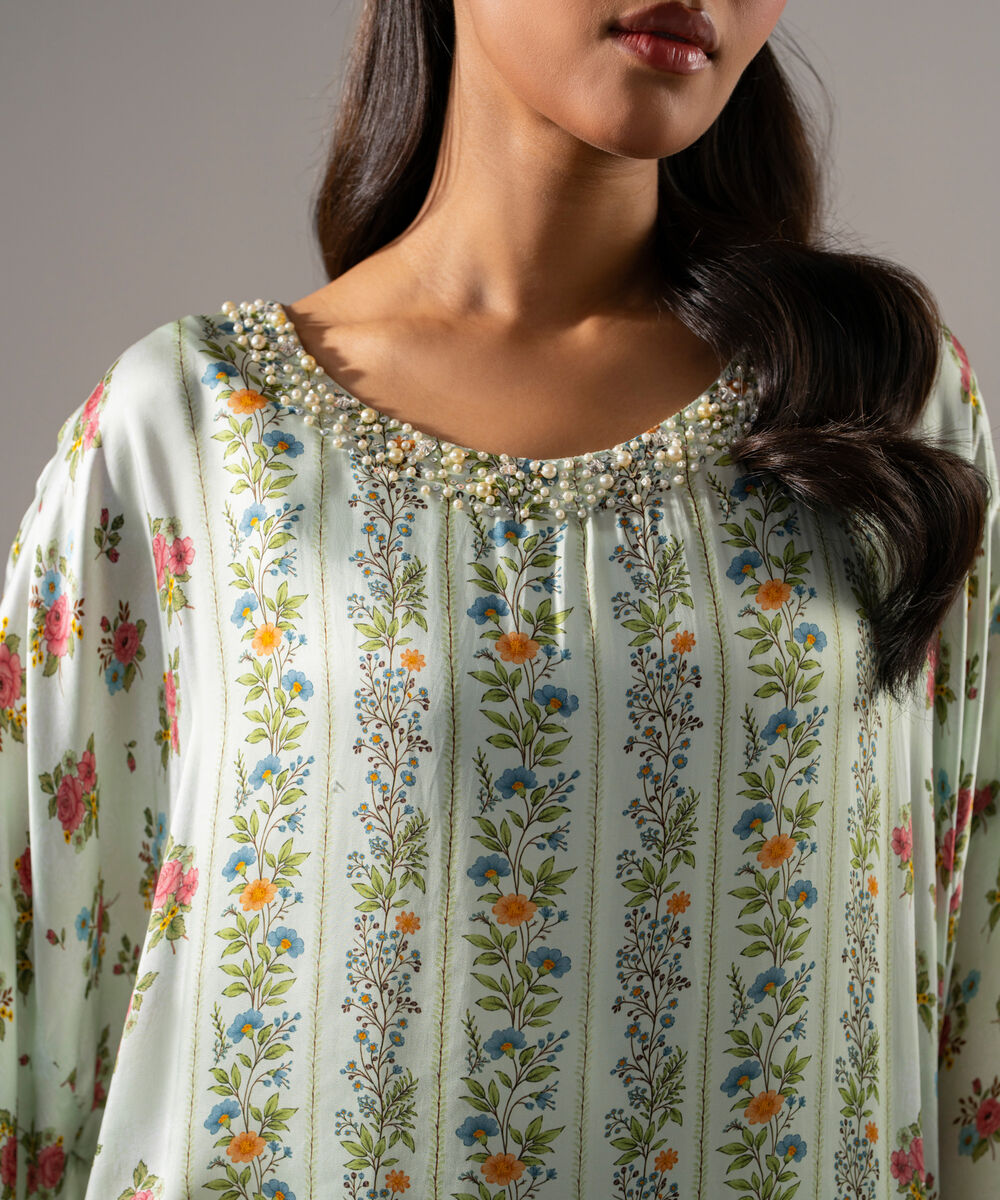 Women's RTW White Featheer Chamoz Printed Green Kaftan