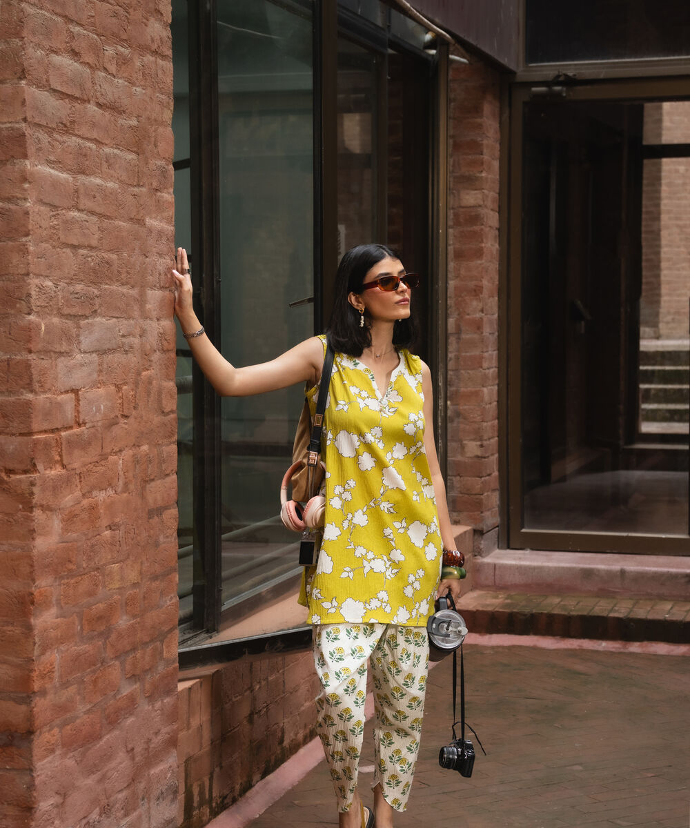 Women's RTW Seersucker Printed Lime Green Straight Shirt