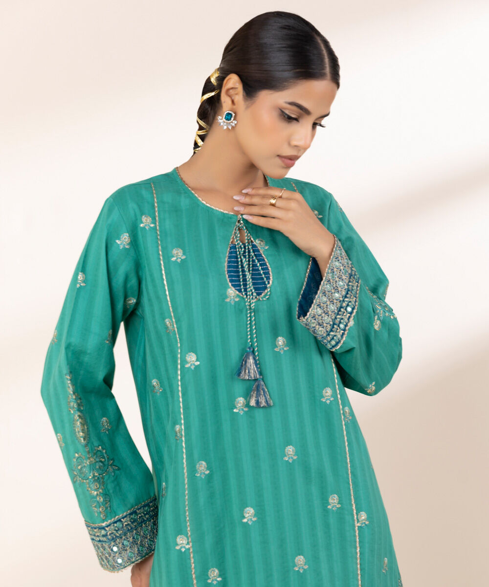 Women's RTW Dobby Green Embroidered A-Line Shirt